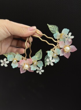 古风汉服饰品超仙少女感琉璃花朵仿珍珠花冠精致山口冠头饰头冠