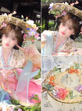 汉服古风小斗笠帷帽套装成品粉紫色绢花百搭懒人写真拍摄懒人饰品
