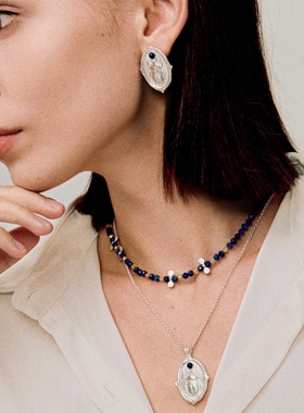 圣甲虫青金石硬币纯银项链毛衣链