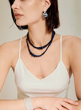 QuriouStone 蛇骨系列S勾蓝虎眼石项链纯银925银毛衣链简约高级感