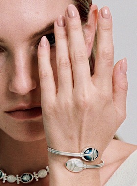 QuriouStone其石 圣甲虫月光 黑白贝母925纯银手镯个性复古典雅