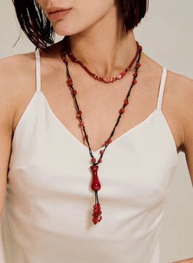 QURIOUSTONE 宝瓶红果红色玛瑙串珠项链新中式女毛衣链小众长颈链