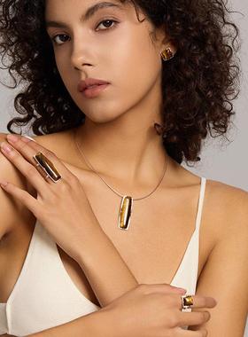 QURIOUSTONE 天然虎眼石 情诗长款戒指 宝石镶嵌 925银 简约高级