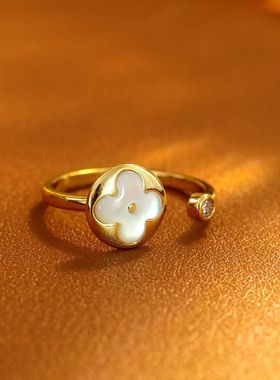 小香风气质白贝母四叶花戒指可调节复古食指戒女式小众设计指环款