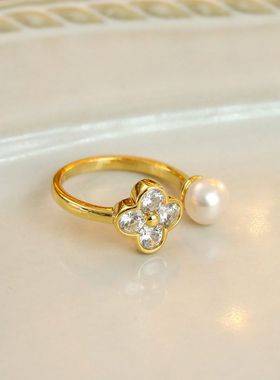 繁花似锦超仙冰透闪钻花朵戒指巴洛克淡水珍珠开口戒可调节指环女