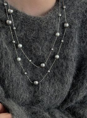 双层真多麻珍珠项链施家正圆强光轻奢浅色深色银灰毛衣链秋冬配饰