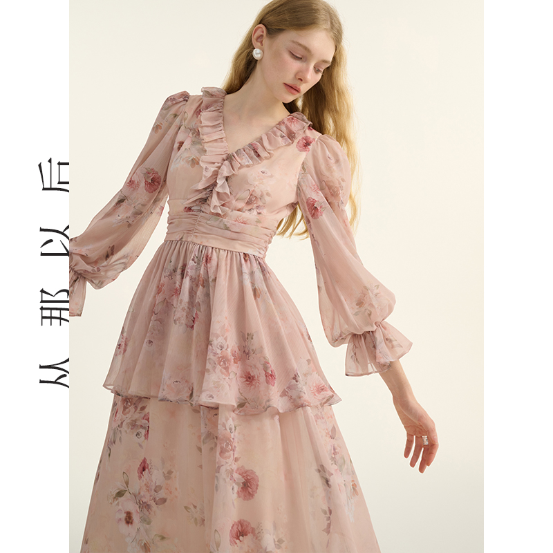 从那以后法式碎花长裙长袖雪纺裙子V领茶歇裙高级感连衣裙女秋季,淘宝优惠券,粉丝福利购,淘宝优惠卷