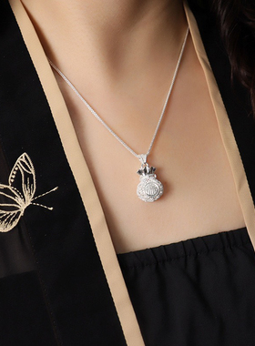 足银钱袋子吊坠简约气质项链女福字镂空工艺锁骨链