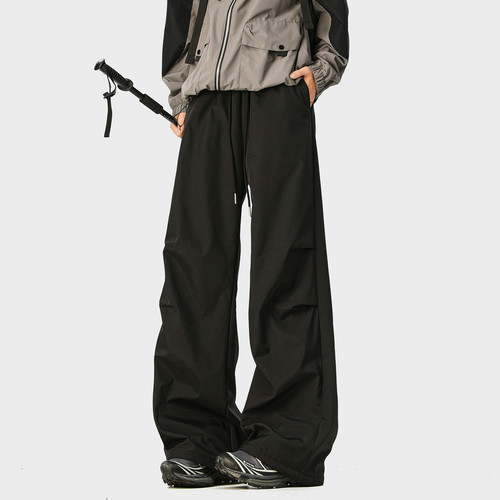 悟空有货冬季复古褶皱加绒加厚直筒伞兵裤男潮牌宽松保暖休闲长裤 - 图2