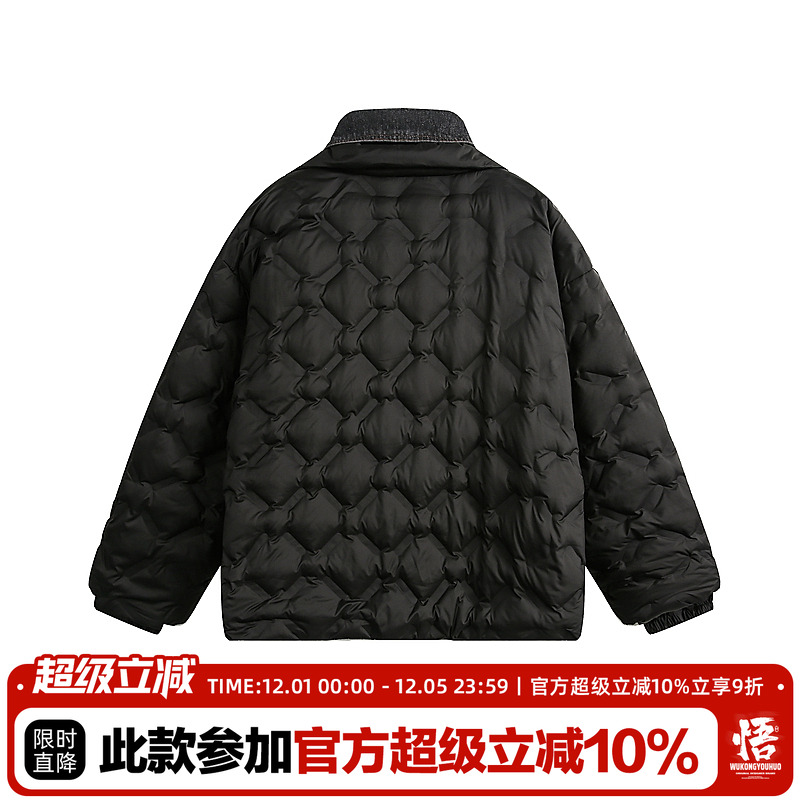 悟空有货复古冬季假两件拼接羽绒服男女潮牌美式情侣鸭绒保暖棉衣 - 图0