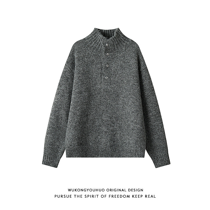 悟空有货复古老钱风纽扣立领毛衣男女潮牌秋季宽松情侣休闲针织衫,淘宝优惠券,粉丝福利购,淘宝优惠卷