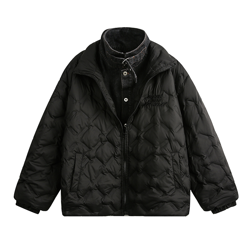 悟空有货复古冬季假两件拼接羽绒服男女潮牌美式情侣鸭绒保暖棉衣 - 图3