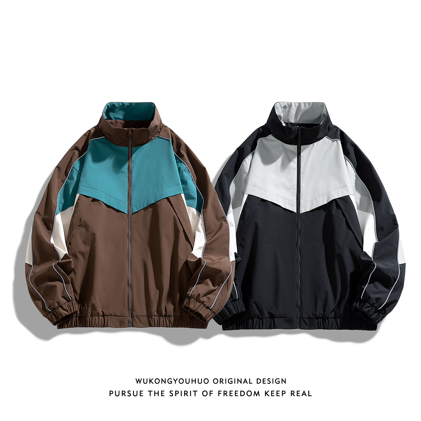 悟空有货潮牌撞色拼接立领夹克男女春季复古宽松情侣休闲百搭外套,淘宝优惠券,粉丝福利购,淘宝优惠卷