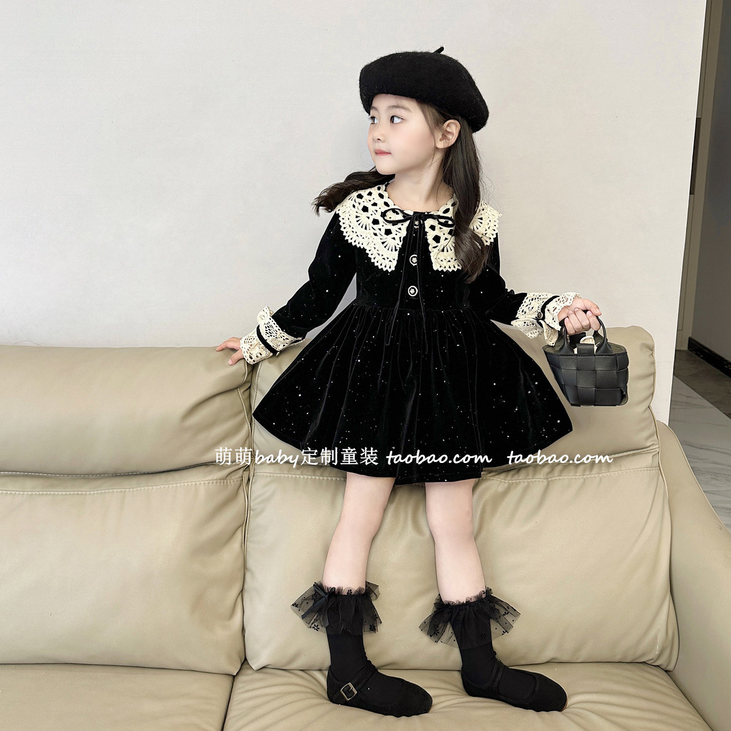 女童加绒闪闪丝绒连衣裙2025秋冬新款儿童宝宝韩版花边领气质裙子,淘宝优惠券,粉丝福利购,淘宝优惠卷