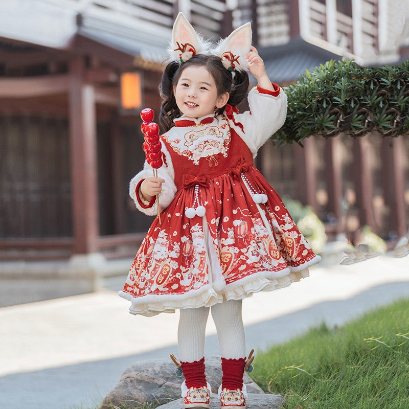 冬季女童汉服加绒加厚洛丽塔裙子古风连衣裙儿童拜年服新年唐装