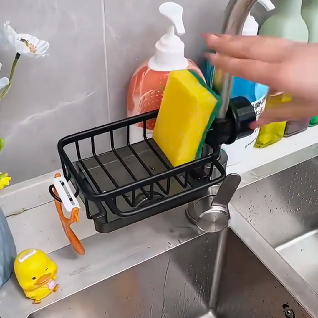 厨房水龙头置物架免打孔水池海绵沥水挂架家用水槽抹布肥皂收纳 - 图0