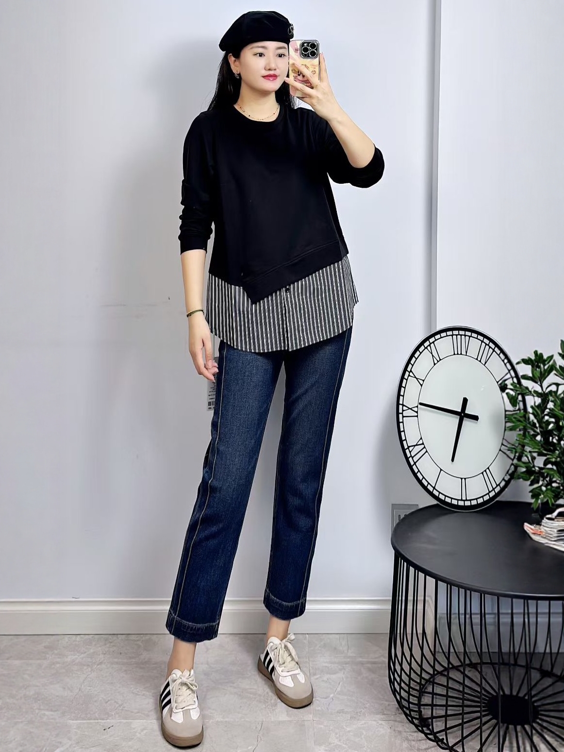 米莱奇5809秋加大码卫衣 假两件拼接宽松遮肚百搭长袖打底衫 - 图1