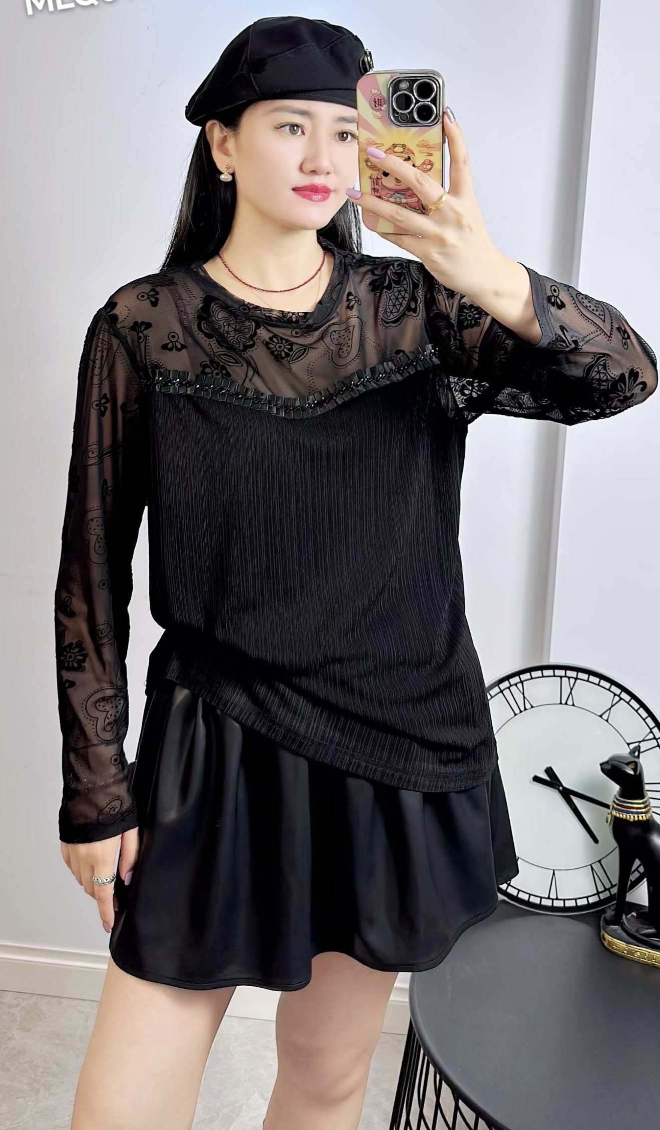 米莱奇6109春加大码打底衫女 蕾丝网纱拼接黑色洋气圆领内搭衫,淘宝优惠券,粉丝福利购,淘宝优惠卷