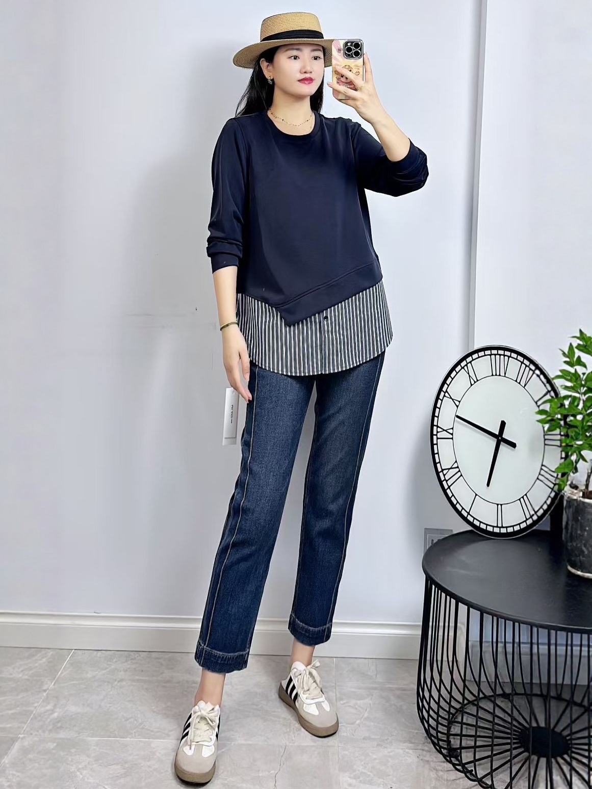 米莱奇5809秋加大码卫衣 假两件拼接宽松遮肚百搭长袖打底衫 - 图3