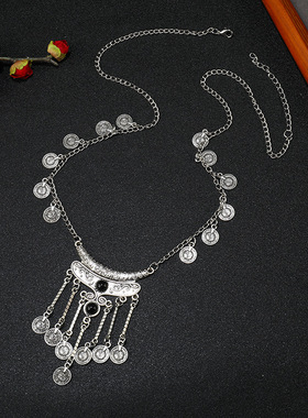 欧美风复古个性钱币流苏项链金属长款毛衣链波西米亚民族风配饰