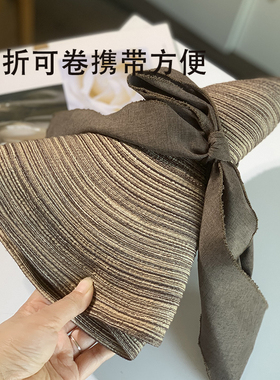 沙滩帽超大沿麻质蝴蝶结条纹夏季