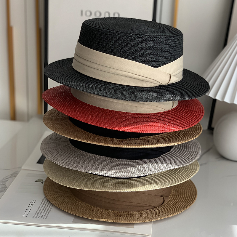 法式平顶大号草帽子女夏天海边度假男女同款网红草编短檐平檐礼帽 - 图1