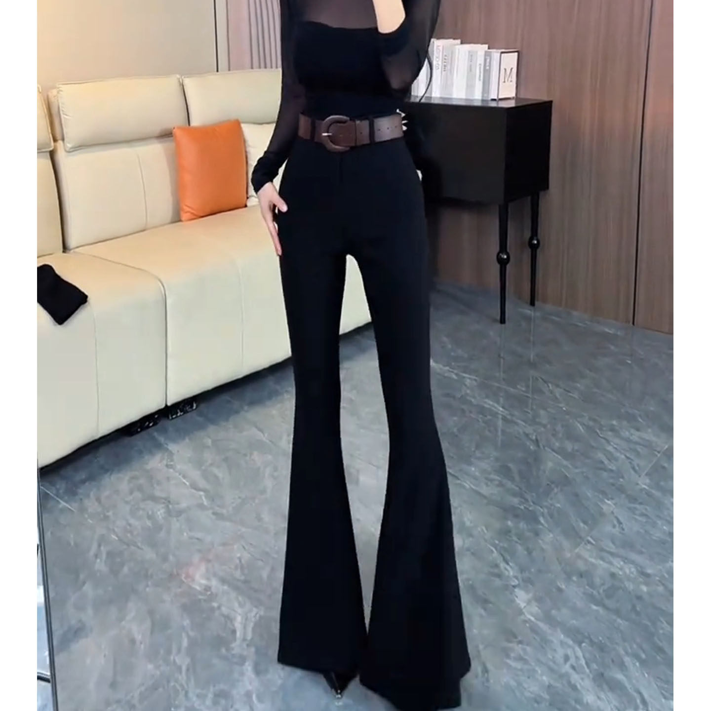 黑色加绒加厚气质微喇西装裤女2025秋冬新款高腰修身弹力喇叭裤子,淘宝优惠券,粉丝福利购,淘宝优惠卷