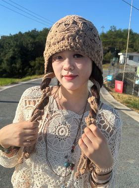 秋冬纯手工钩花流苏包头帽女出游度假百搭保暖护耳双层针织套头帽