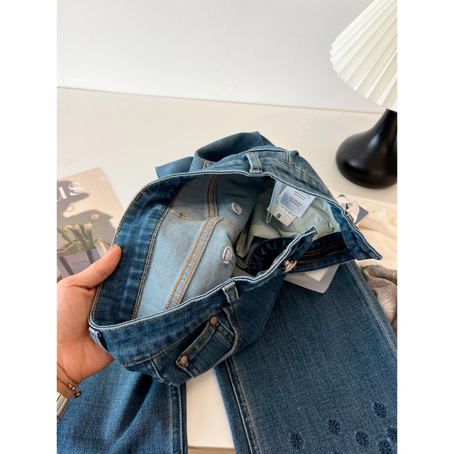 Retro niche embroidered jeans ແອວສູງສໍາລັບແມ່ຍິງ slim ດູໃບໄມ້ລົ່ນ