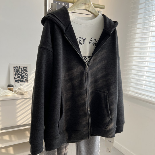 Chaqueta sudadera gris oscuro retro de terciopelo suelto grueso