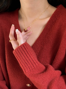 蜜桃加糖/告白系列 法式高级简约爱心酒红色珐琅滴釉锁骨链项链