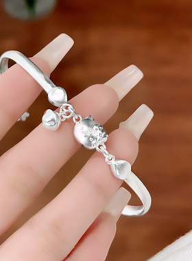 Hellokitty铃铛手链足银9999纯银手镯女镀24k黄金手环情人节礼物