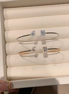 纯银S925镶钻克拉水滴形开口手镯轻奢高级手环女精致百搭气质手饰
