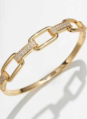 时尚流行欧美环保高保色18K金链手镯超闪满锆锁扣手环跨境礼品