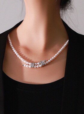 跨境项链饰品女饰品优雅气质钢琴键扣头天然珍珠银色项链