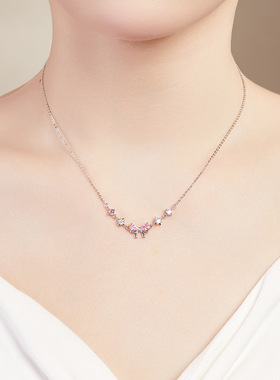 S925纯银镶锆石蝴蝶结吊坠项链女轻奢甜美高级感锁骨链情人节礼物