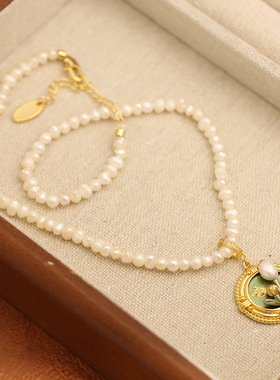 时尚中古风优雅天然淡水珍珠项链滴油油画框吊坠可拆颈链锁骨饰品