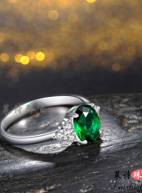 祖母绿戒指女韩版彩色宝石指环纯银镀18k金情侣戒指彩宝首饰珠宝