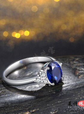 蓝宝石戒指女日韩彩色宝石指环纯银镀18k金情侣戒指彩宝潮人银饰