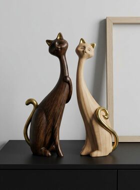 木质猫咪摆件一对家居装饰品桌面工艺品可爱造型装饰摆件