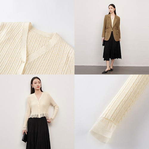 XG雪歌拼接设计长袖毛针织衫2025春季新款浅米色短款绵羊毛开衫女 - 图2