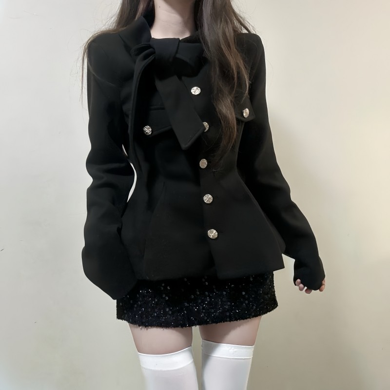 iqcq气球熊法式气质黑色小香风绑带蝴蝶结收腰毛呢外套亮片包臀裙,淘宝优惠券,粉丝福利购,淘宝优惠卷