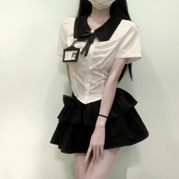 iqcq Balloon Bear Thai college style suit suit for women irregular doll collar short-sleeved shirt ສີດຳ culottes