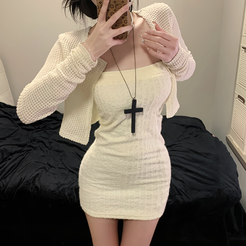 iqcq气球熊纯欲风性感抹胸开衫连衣裙套装收腰显瘦包臀裙温柔辣妹 - 图1