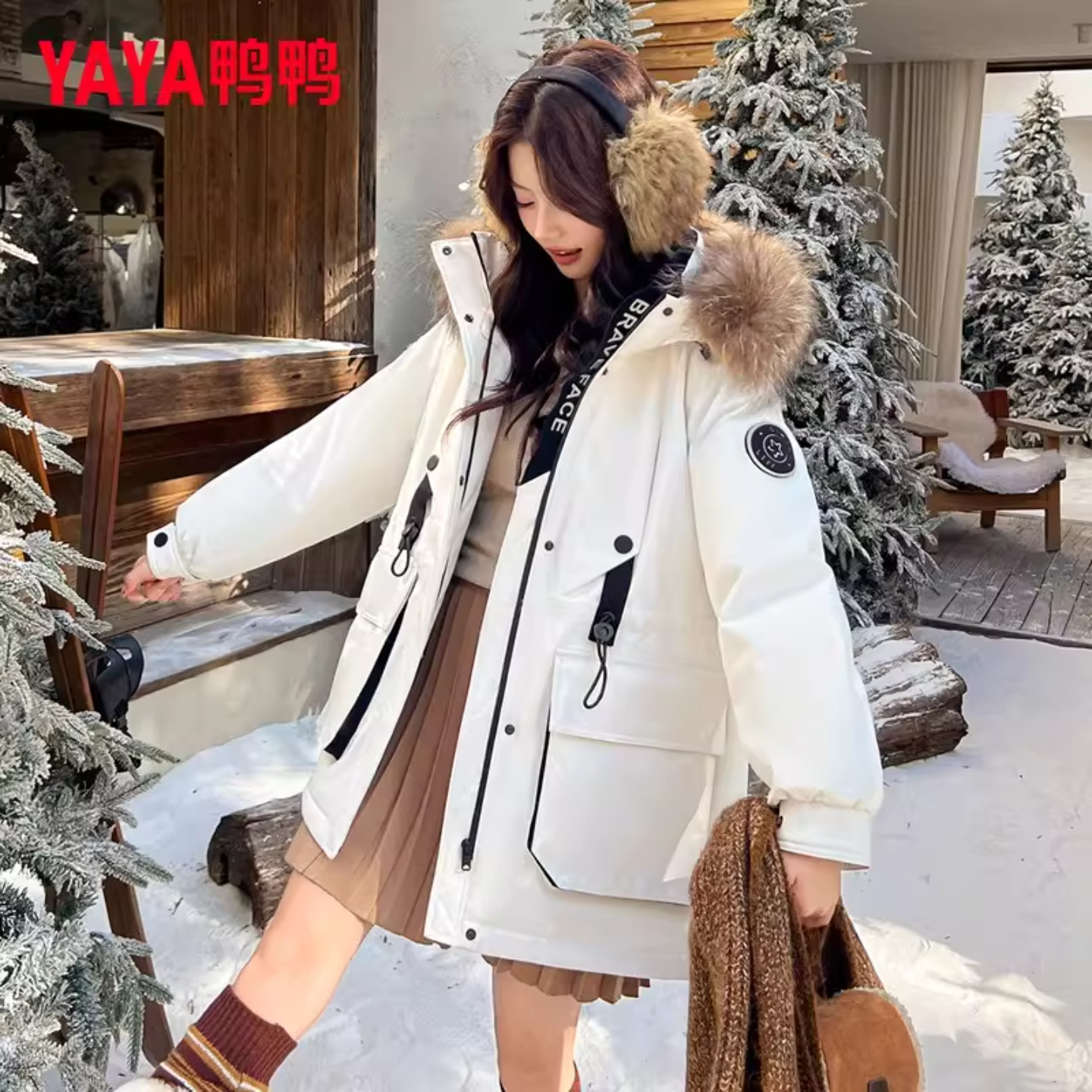 鸭鸭工装大毛领派克羽绒服女2025冬季新款中长款防风工装加厚外套,淘宝优惠券,粉丝福利购,淘宝优惠卷