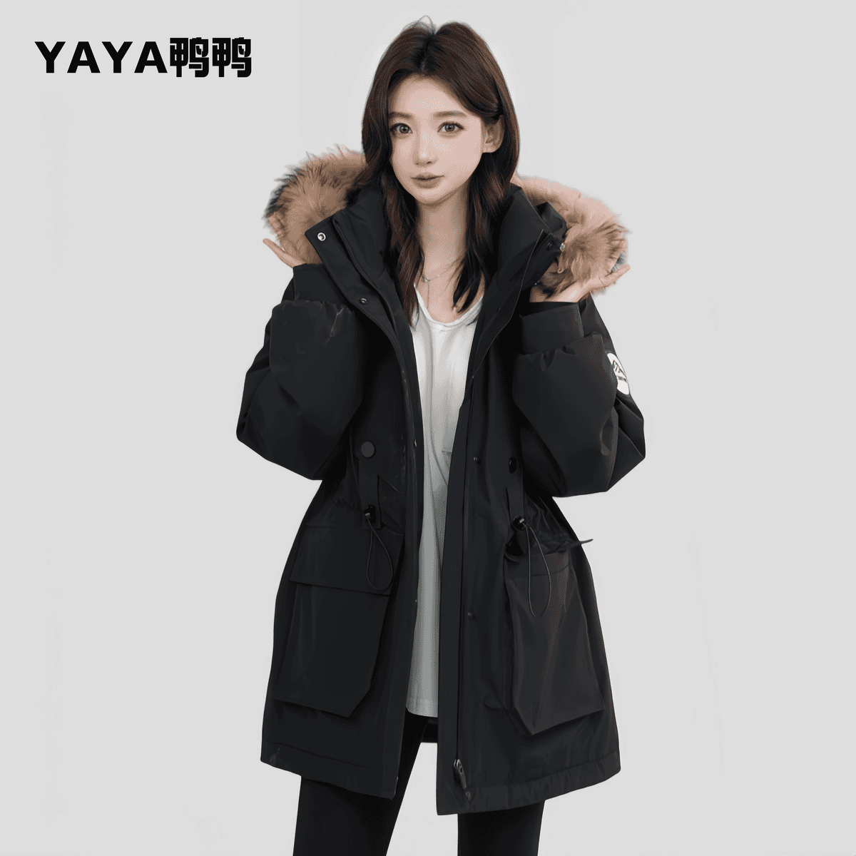 鸭鸭工装大毛领派克羽绒服女2025冬季新款中长款防风工装加厚外套,淘宝优惠券,粉丝福利购,淘宝优惠卷