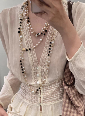 小香风~法式叠戴双层珍珠长款项链女老钱风锁骨链优雅颈部配饰