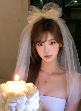米白色头纱蓬蓬纱蝴蝶结发夹生日皇冠拍照道具发饰订结婚新娘头饰