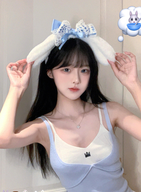 慵懒风蓝色蝴蝶结耳朵发箍女