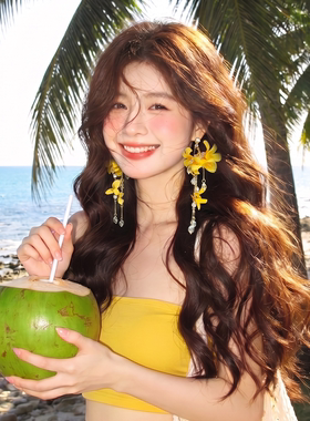 超仙气质显白黄色花朵流苏耳环女温柔氛围感耳钉度假风耳坠耳饰